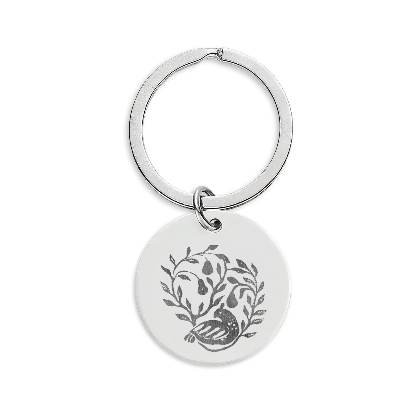 HW Partridge Engraved Stainless Steel Round Keychain — Floral Vine Design