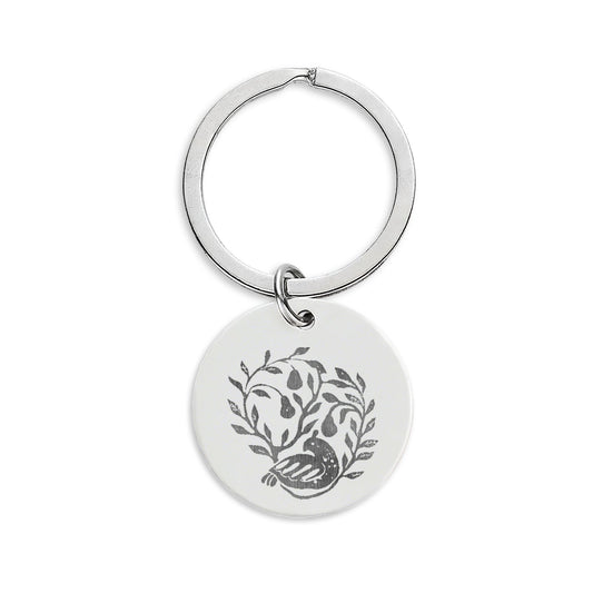 HW Partridge Engraved Stainless Steel Round Keychain — Floral Vine Design