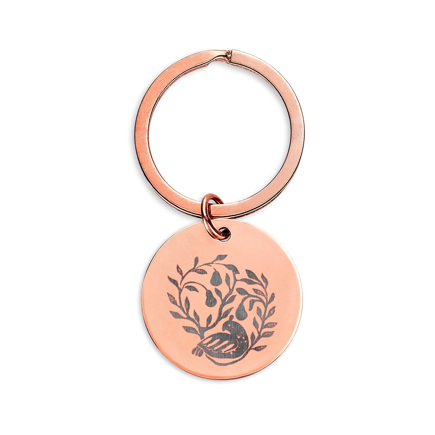 HW Partridge Engraved Stainless Steel Round Keychain — Floral Vine Design