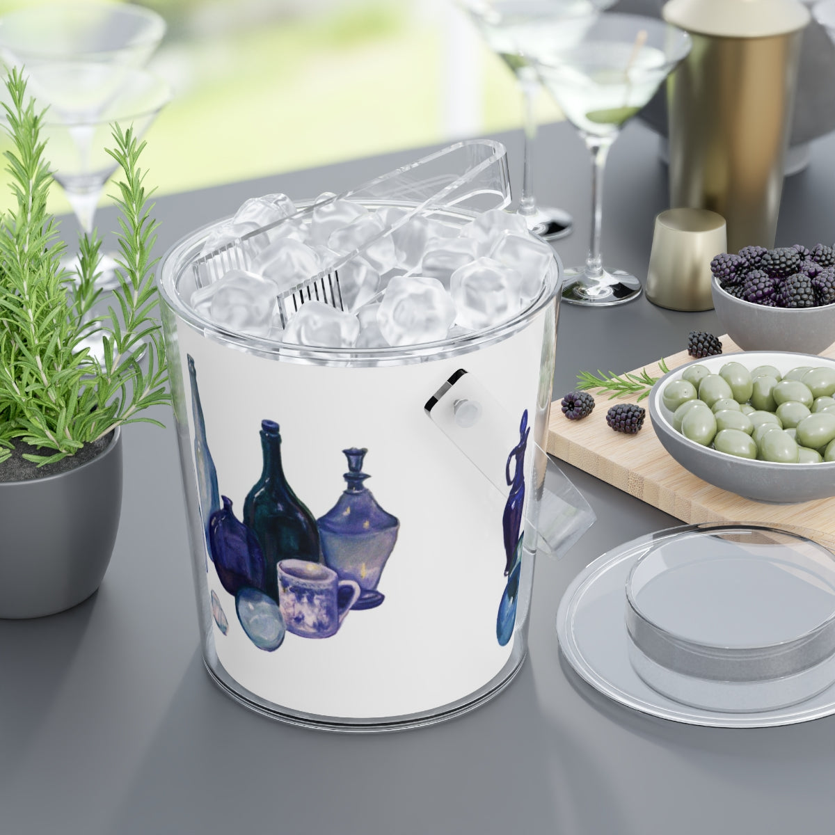 HW Blue Bottles Ice Bucket with Tongs