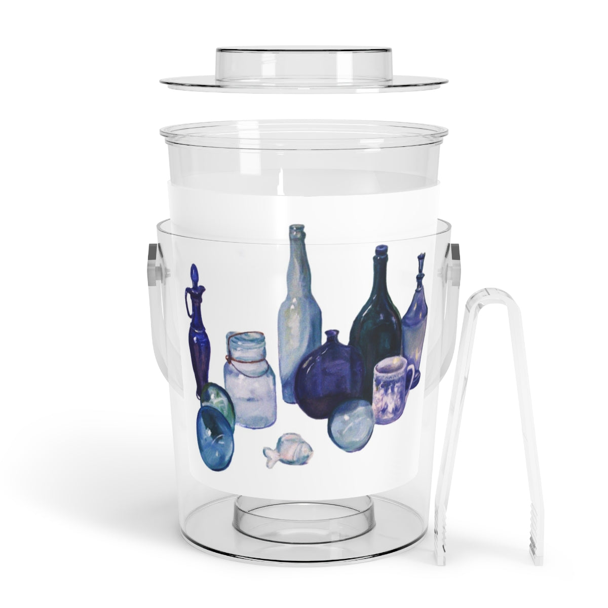 HW Blue Bottles Ice Bucket with Tongs