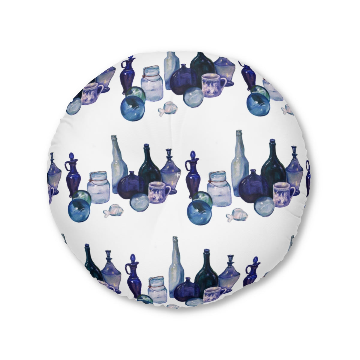 HW Blue Bottles Tufted Floor Pillow, Round