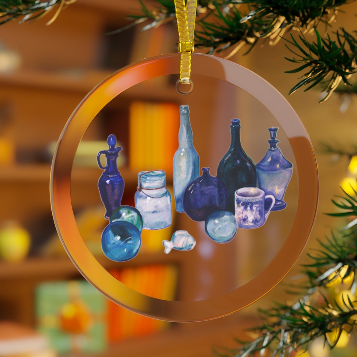 HW Blue Bottles Glass Ornament