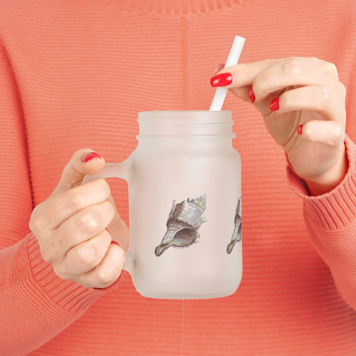 HW Watercolor Shell Mason Drinking Glass (with lid and straw)