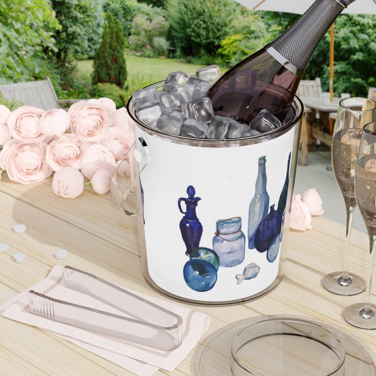 HW Blue Bottles Ice Bucket with Tongs