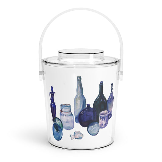 HW Blue Bottles Ice Bucket with Tongs