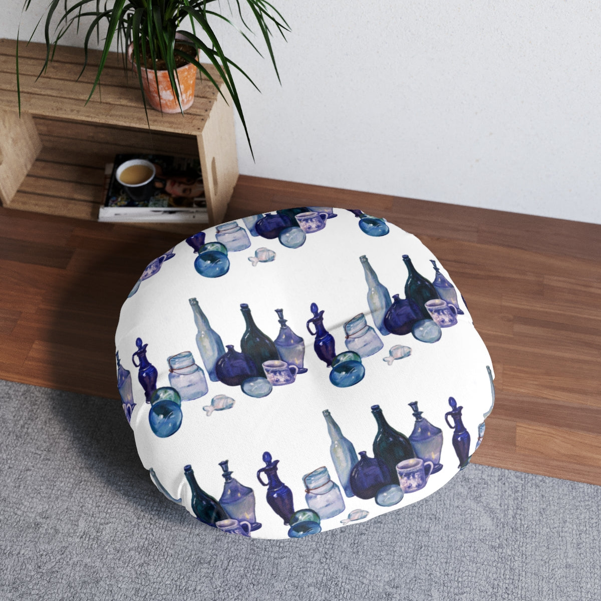 HW Blue Bottles Tufted Floor Pillow, Round