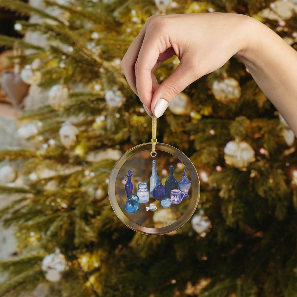 HW Blue Bottles Glass Ornament